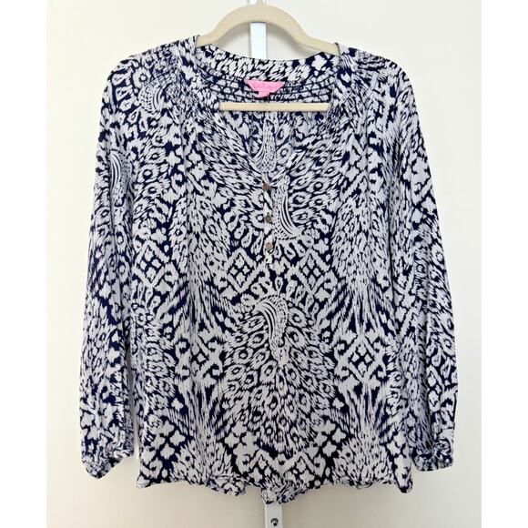 Lilly Pulitzer Silk Blouse Size M Peasant Boho Navy Blue and White 100% Silk - Picture 1 of 9